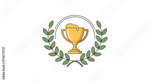 A golden trophy icon surrounded by green leaves on a white background, symbolizing achievement and International Coffee Day.