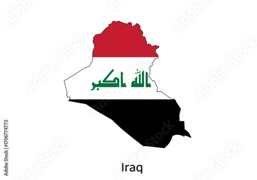 The flag of Iraq is shaped to mimic the countrys outline set against a white background