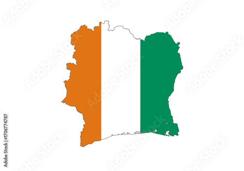 The flag of Côte dIvoire is overlaid on a map of Côte dIvoire with orange white and green vertical stripes