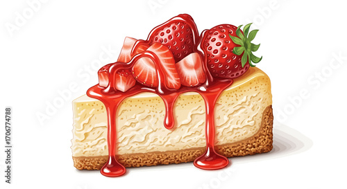 Deliciously illustrated slice of creamy cheesecake topped with fresh strawberries and dripping with sweet red berry sauce on a white background