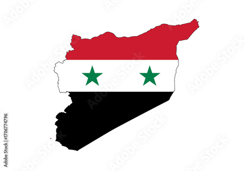 The flag of Syria is overlaid on a map of Syria