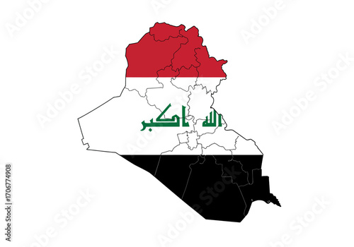 The image displays the map of Iraq filled with the colors and Arabic script of its national flag