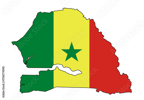 The image presents a flagcolored outline map of Senegal with a green star at the center