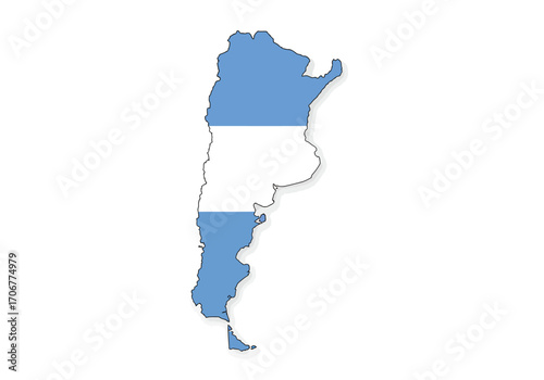 The image shows a cutout illustration of the country of Argentina colored with the Argentinian flag on a white background