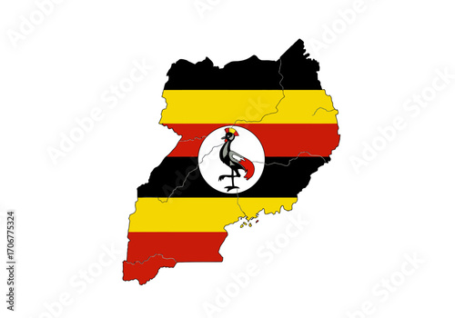 Ugandas flag superimposed on the countrys outline featuring yellow black red stripes and a crested crane in the center