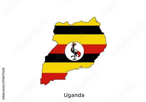 Ugandas flagfilled map with black yellow and red stripes showcases a central crest displaying a crested crane
