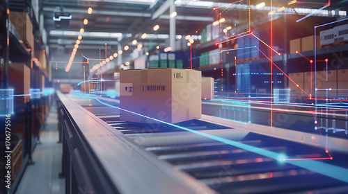 Automated warehouse with smart logistics system and digital tracking overlay