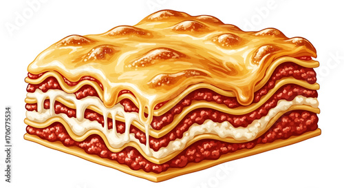 Stylized vector art of a delicious slice of baked Italian lasagna with layers of pasta, ragu, and melted cheese