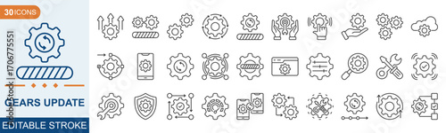 Gears Updates editable icon set Collection. Update, gears, control, tool, system. Editable stroke. Vector illustration eps 10