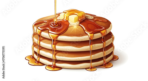 Delicious stack of fluffy pancakes with melting butter on top and sweet syrup pouring over, isolated on a white background