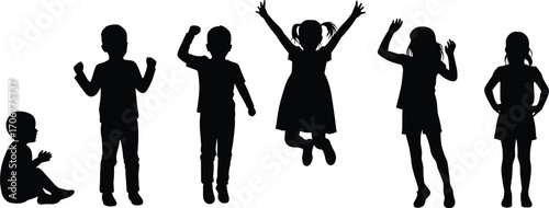 Silhouettes of happy children standing, sitting, jumping, celebrating with arms raised, joyful kids, playful childhood moments, vector 