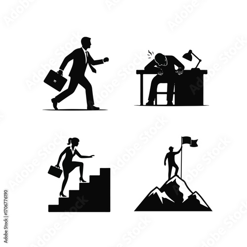 Four business-related vector illustrations showing career progression, hard work, and success.