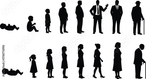 Silhouettes of Human Life Stages from Baby to Elderly, Growth Progression, Aging Process, Male and Female Figures Vector IllustrationSilhouettes of Human Life Stages from Baby to Eld