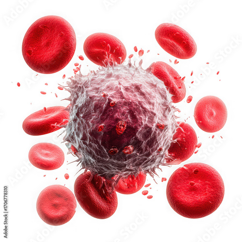 Microscopic view of a white blood cell attacking a tumor cell surrounded by red blood cells isolated on transparent background