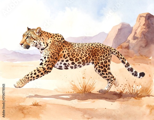 Watercolor leopard in desert landscape
