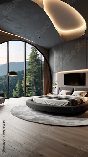 Modern bedroom with mountain view and round bed