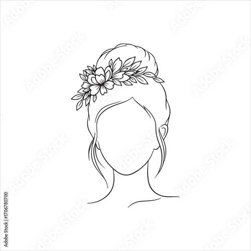 Minimal outline illustration of woman hairstyle with floral crown, elegant feminine line art, isolated on white background