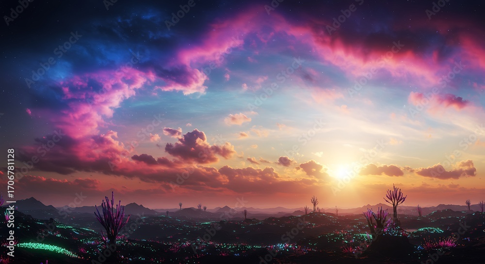 Obraz premium Explore a stunning alien landscape with vibrant glowing flora and a breathtaking sunset sky