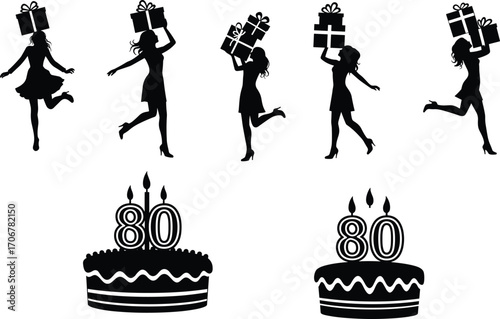 Silhouettes of women carrying gifts with 80th birthday cakes, celebration, party, festive vector design for holiday and event concepts.