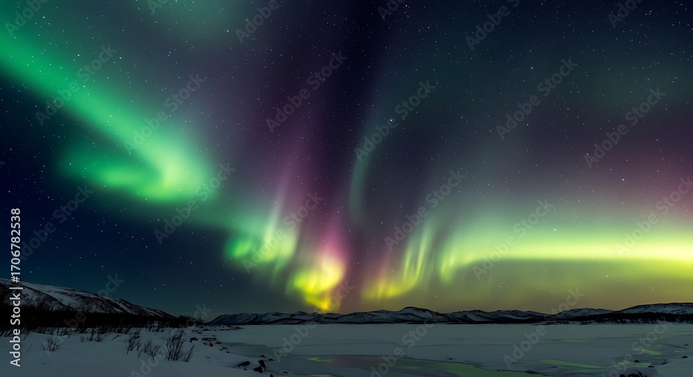 Naklejka premium Stunning aurora borealis dancing across a starry night sky over a snowy landscape