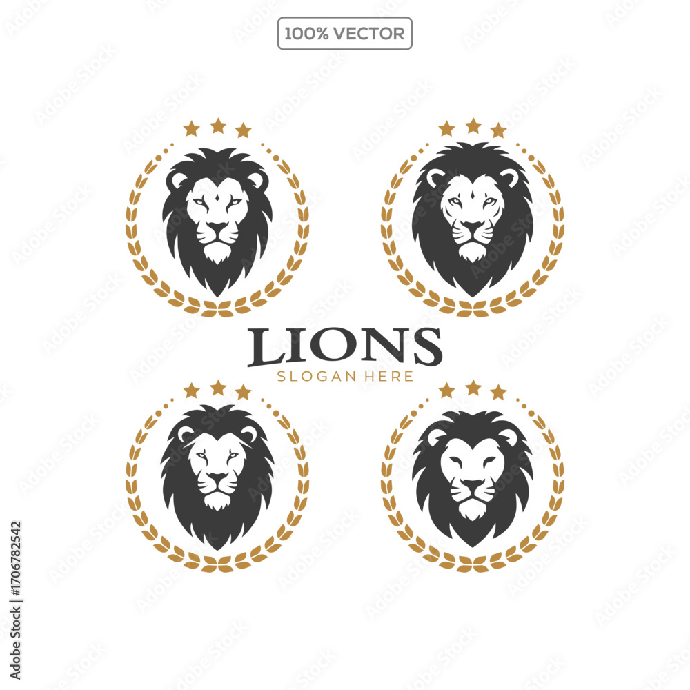 Naklejka premium lion luxury logo icon template, elegant lion logo design illustration, lion head with crown logo collection
