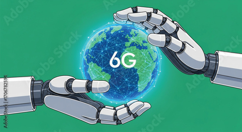 A stylized illustration depicts robotic hands holding a holographic representation of Earth, overlaid with a network of lines and the text "6G." on vibrant teal background. EPS Vector