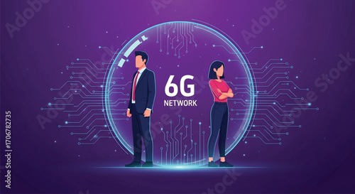 6G Network: Future of Connectivity Shown by Two Business Professionals. EPS Vector