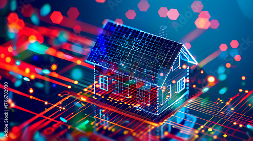Digital house model with solar panels on a circuit board background, illuminated by colorful data streams
