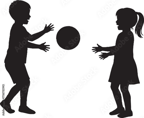 Children Playing Ball Silhouette Vector Graphic, Boy and Girl Catching Game