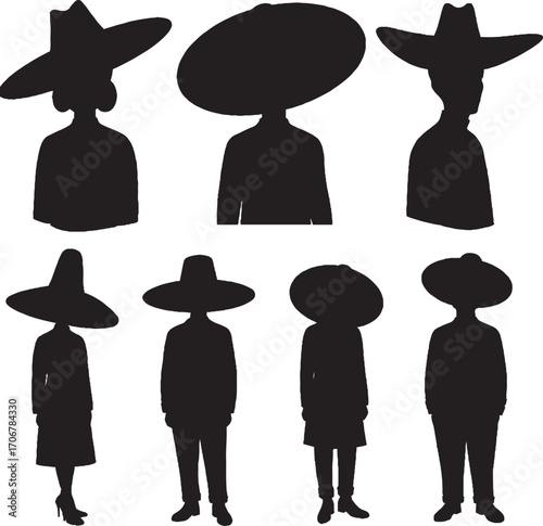 Black Silhouettes of People Wearing Diverse Hats and Attire Collection