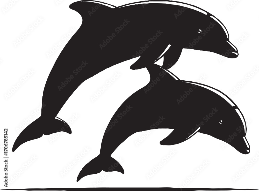 Obraz premium Two Leaping Dolphin Silhouettes Black and White Graphic Vector Illustration
