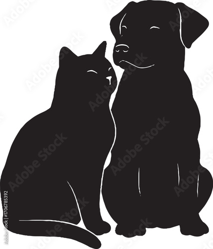 Black Silhouette of Friendly Cat and Dog