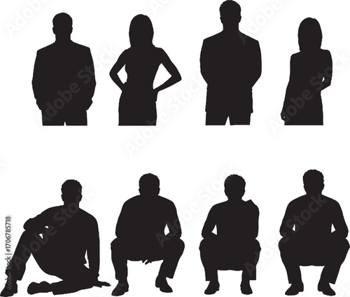 Diverse People Silhouettes Standing and Sitting in Various Poses Vector Set