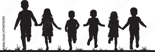 Happy Running Children Silhouettes Holding Hands on Grassy Ground