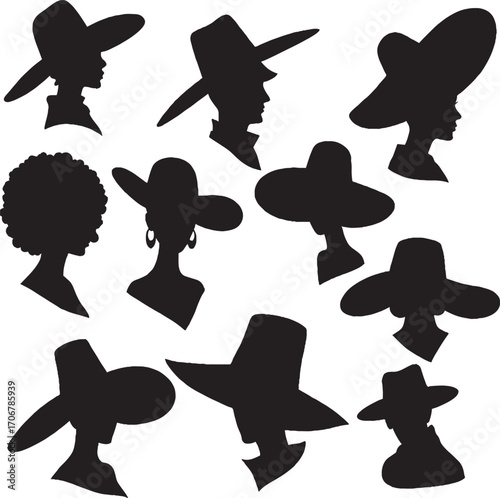 Elegant Hat Silhouettes Collection, Diverse Women and Men Headwear Profiles, Fashion Vector Art