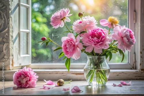 A delicate bouquet of pink peonies arranged in a clear glass vase sits on a weathered windowsill, bathed in sunlight filtering through the windowpane.