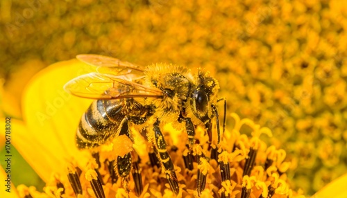 A Close Up Shot Of A Honey Bee Gathering Pollen, Beautifully Captured On A Bright Yellow Sunflower, Highlighting The Bee S Detailed Structure And Pollen Collection.