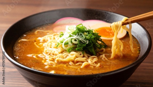 A Delicious Bowl Of Spicy Ramen Noodles Aromatic Broth, Egg, And Green Onions Garnish This Tempting Japanese Noodle Soup, Ready To Eat. With Comprehensive Details And Informative Content
