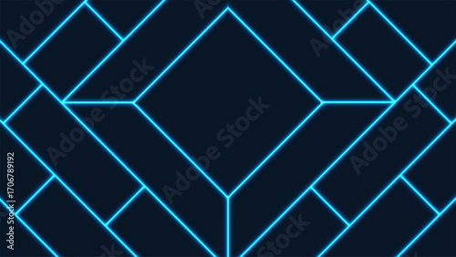 abstract geometric background with neon blue lines in modern symmetrical pattern evoking futuristic digital cityscape and minimalist contemporary design