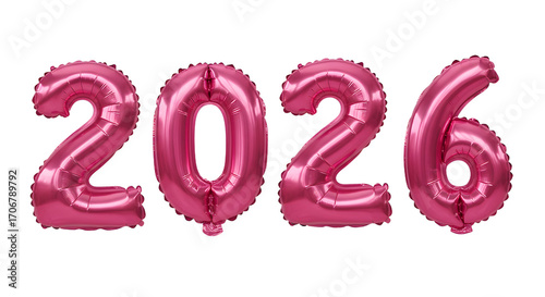 Pink foil balloons shaped as 2026 numbers isolated on white background, perfect for New Year or birthday celebrations