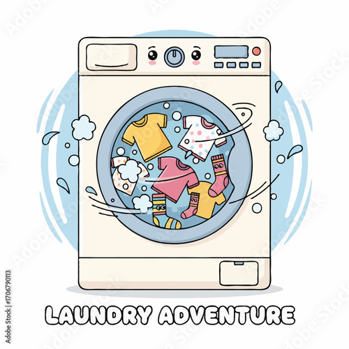 Vector cartoon of colorful clothes spinning inside washing machine drum, fun playful design for kids and laundry illustrations.
