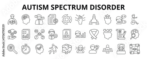30 Autism Spectrum Disorder Line Icons Vector - Asperger Syndrome, Behavioral Therapy, Autism Diagnosis, Delayed Speech, Hyperactive, Dyspraxia