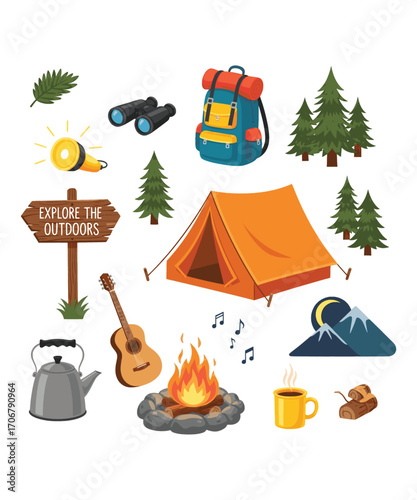 Camping vector icons set for summer travel and vacation