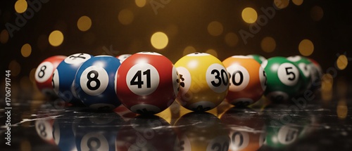 glowing lottery balls arranged on a reflective surface, showcasing a vibrant and fortunate gaming scene | gambling, lottery, finance, chance, celebration theme