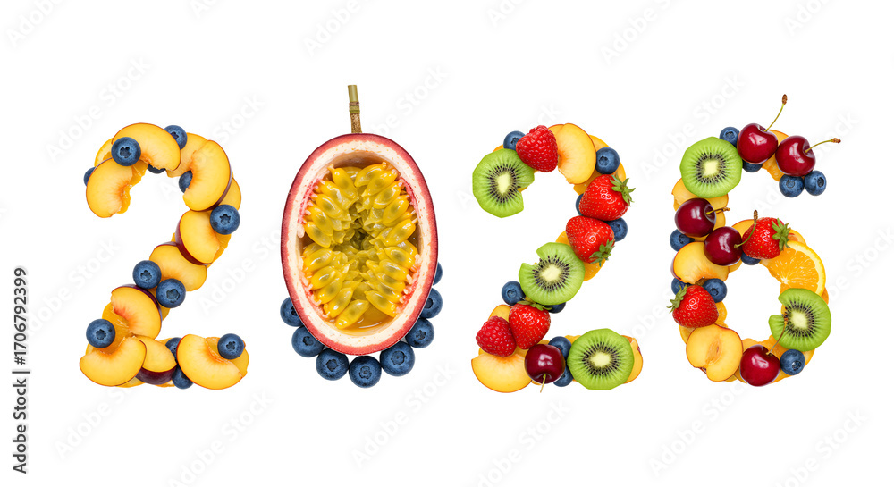 Fototapeta premium Fresh tropical fruit numbers 2026 made with apricot, passion fruit, kiwi, berry and cherry slices, perfect for healthy summer events