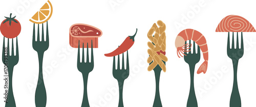 Food icons on forks vector illustration with tomato, lemon, steak, chili, pasta, shrimp, salmon. Colorful gourmet food elements isolated on white background.