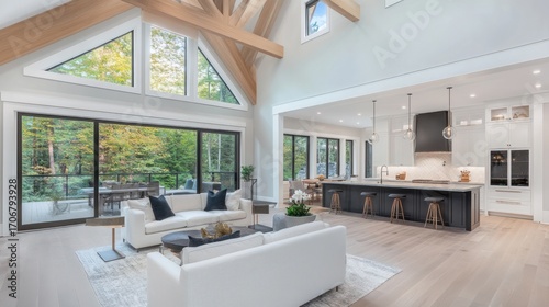 Open plan farmhouse style living room and kitchen