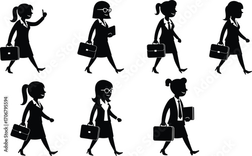 Businesswomen walking silhouettes, professional women with briefcases, corporate female characters, office career women, confident businesswomen vector set