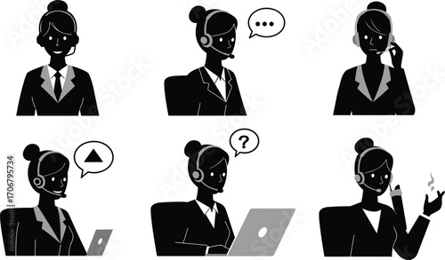 Customer support operator vector set, call center female agent with headset, communication icons, remote work concept illustration design
