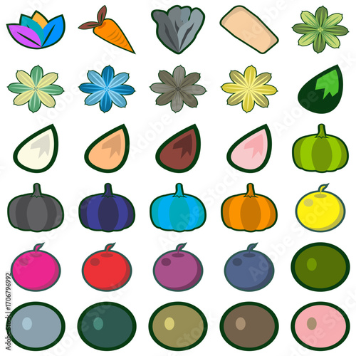 Vector collection of fruits, vegetables, seeds, and flowers in bold colors. Perfect for farming games, gardening apps, educational designs, or healthy lifestyle illustrations.